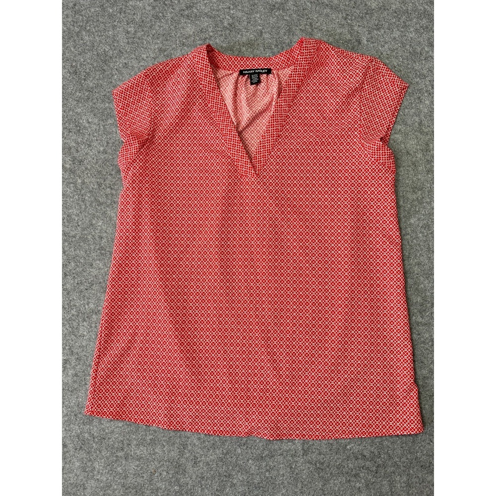 Hilary Radley Blouse Top Womens Small Red Geometric Back Box V Neck Cap Sleeve